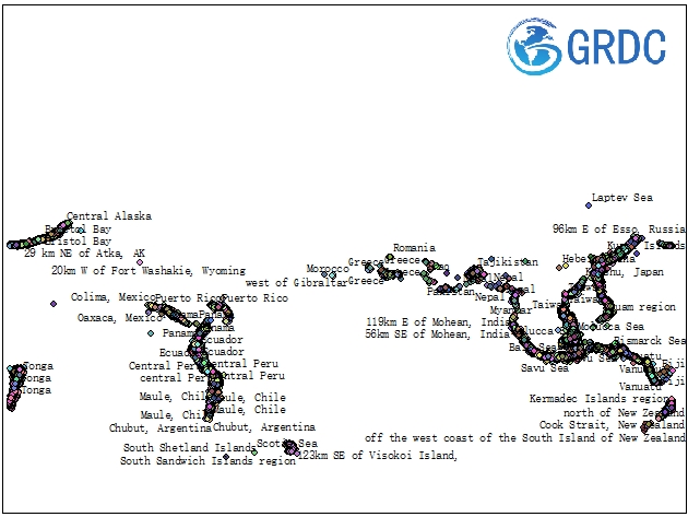地震 （1900-2020， 深度： 70 - 300 公里） （小尺度）